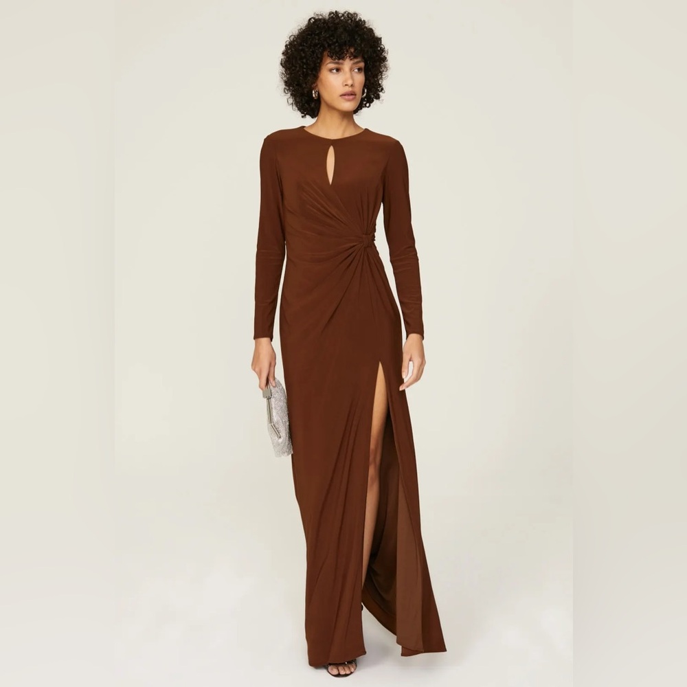 Mac Duggal Ieena Keyhole Draped Maxi Gown Long Sleeve Dress Size 14 Chocolate - Picture 1 of 12